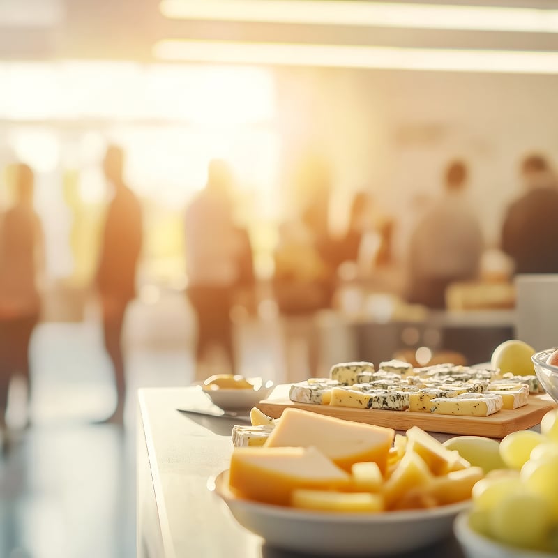 Plateaux de fromages et raisins en gros plan sur une table de buffet. Des personnes discutent en arrière-plan, baignées de lumière solaire, lors d'un événement décontracté.