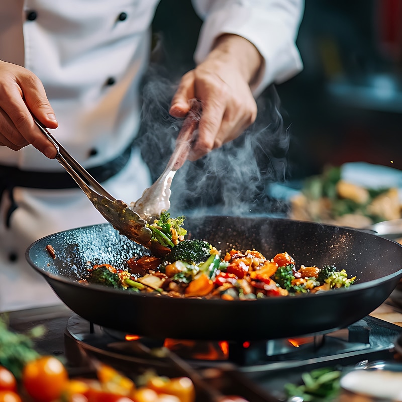 Chef en uniforme mélange brocoli, carottes et légumes frais dans un wok fumant avec des pinces, la vapeur s'échappe.