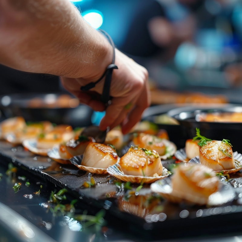 Main de chef plaçant des coquilles Saint-Jacques poêlées, dorées et garnies d'herbes, sur un plateau noir.