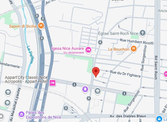 Carte de Nice affichant une épingle rouge sur la Rue du Dr Fighiera. Proximité de Le Paillon, Appart'City Acropolis et Palais des Expositions.