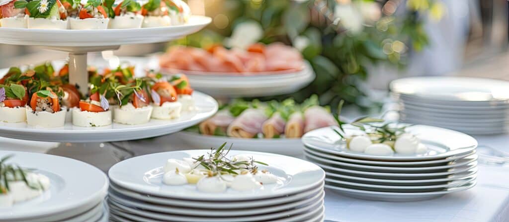 Buffet traiteur élégant avec canapés variés, assiettes empilées et plats d'amuse-gueules pour une réception ou un événement.