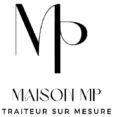 Logo Maison MP. Monogramme noir stylisé fusionnant M et P. Sous le texte "MAISON MP" et "TRAITEUR SUR MESURE".