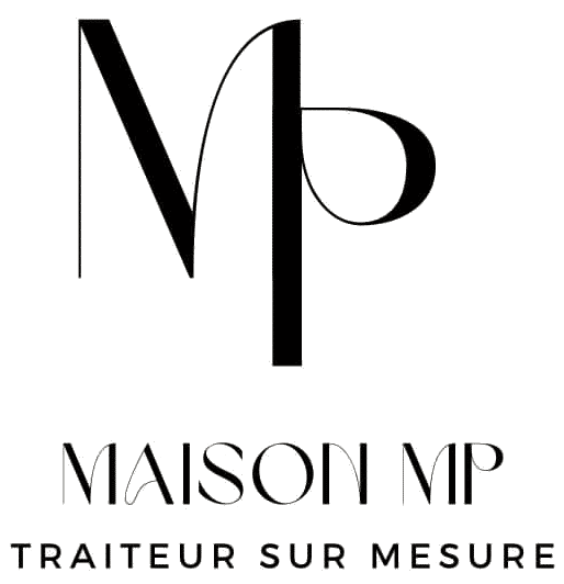 Logo Maison MP. Monogramme noir stylisé fusionnant M et P. Sous le texte "MAISON MP" et "TRAITEUR SUR MESURE".