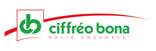 Logo Ciffréo Bona avec monogramme stylisé 'cb' vert dans un carré rouge. Le texte 'ciffréo bona' est en vert et le slogan 'BÂTIR ENSEMBLE!' en rouge.