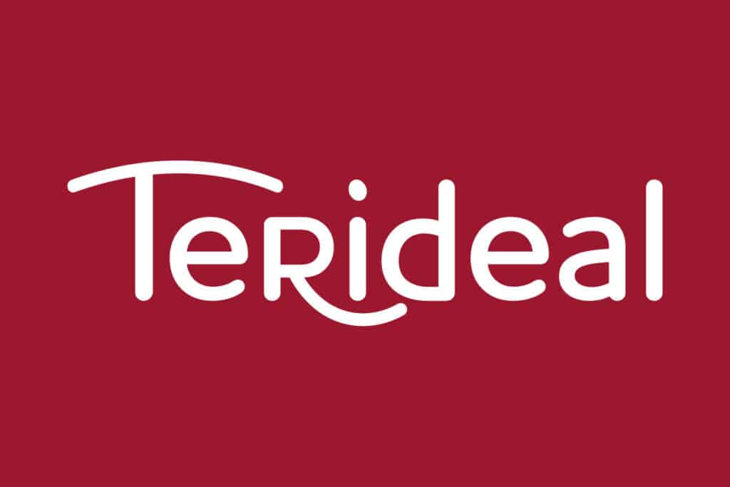 Logo stylisé Terideal en lettres blanches arrondies sur fond rouge. Le 'T' initial est courbé, les lettres 'R' et 'i' sont connectées.