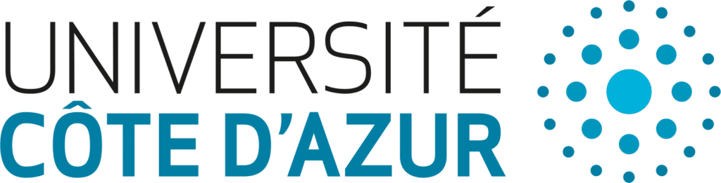 Logo Université Côte d'Azur. Le nom est inscrit en noir et bleu turquoise, complété par un motif de cercles bleus variés.