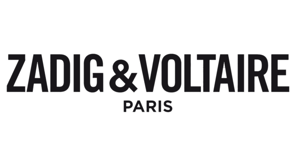Logo ZADIG & VOLTAIRE PARIS, lettres noires stylisées avec contour blanc sur fond vert foncé. Marque de mode française.