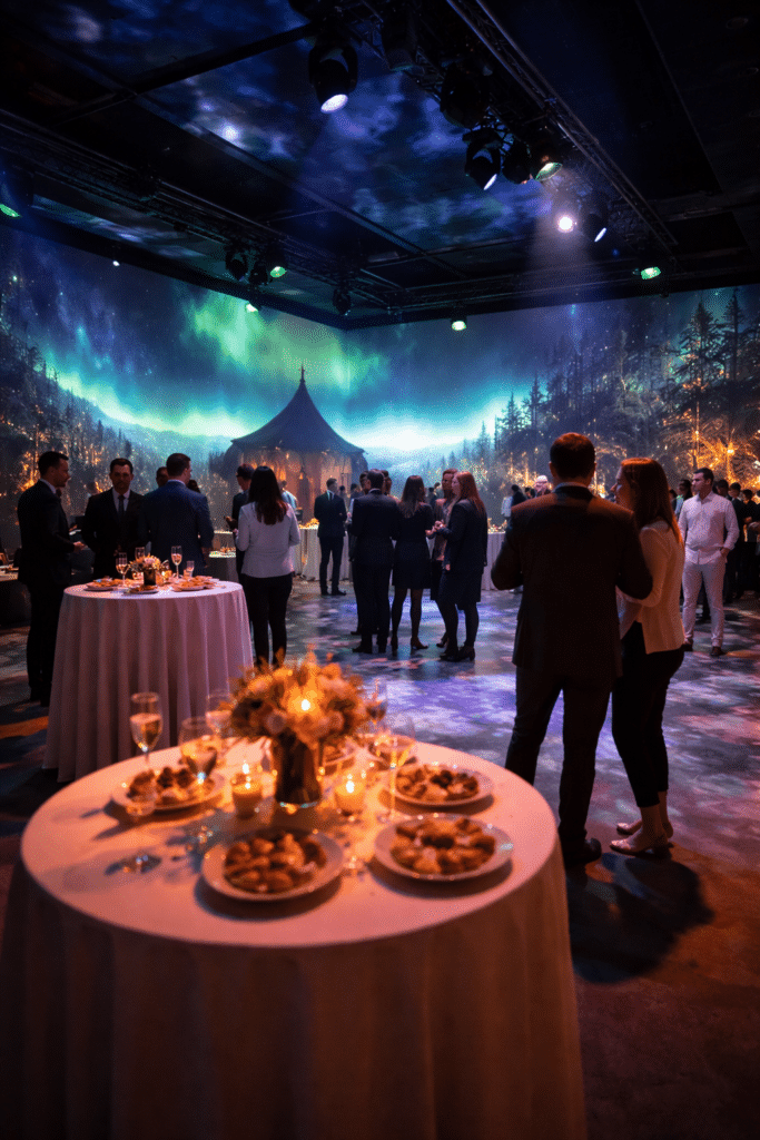 Invités à une réception avec projections immersives d'aurores boréales, cocktails et canapés sur tables nappées.
